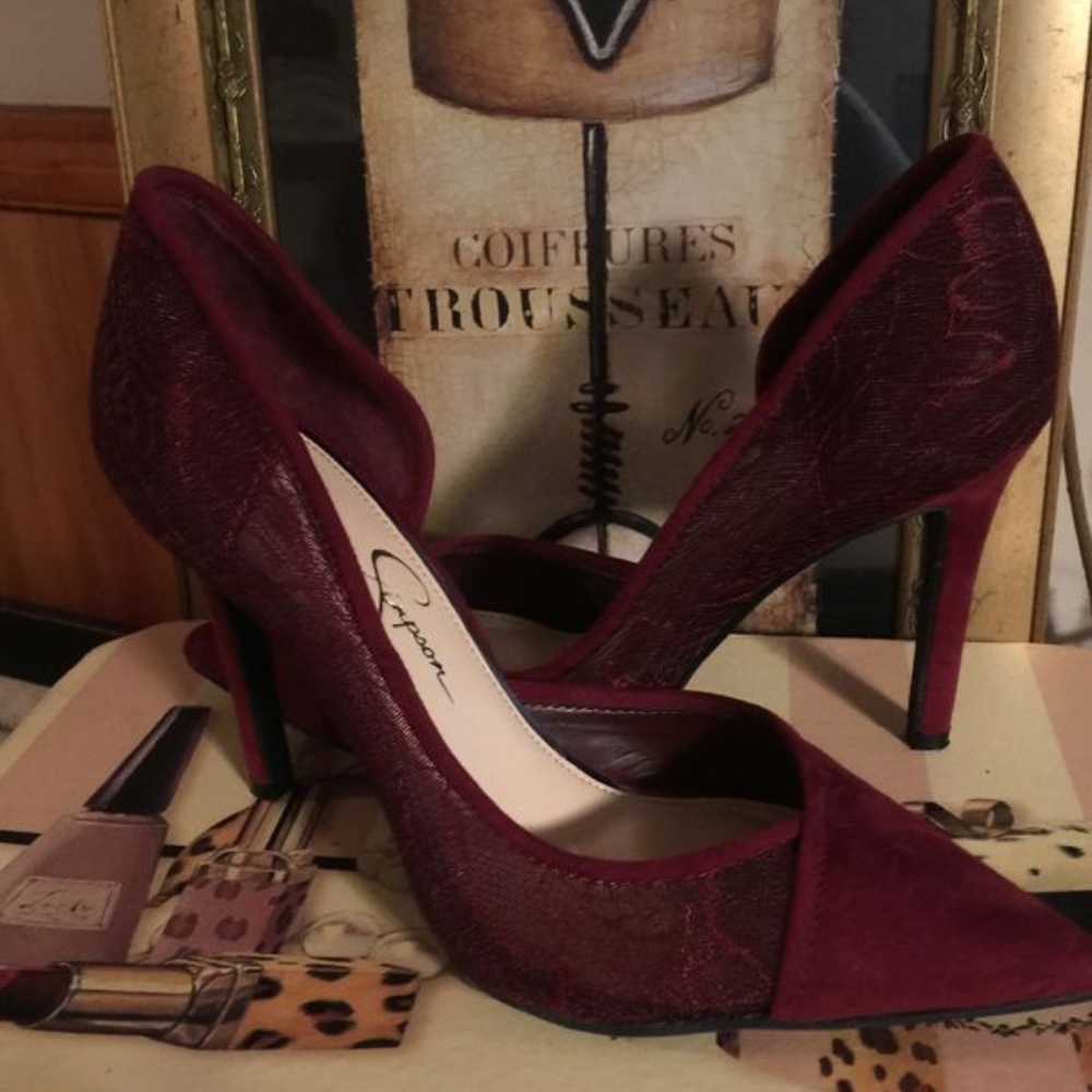 Wine heels Jessica Simpson lace pointed toe sz6